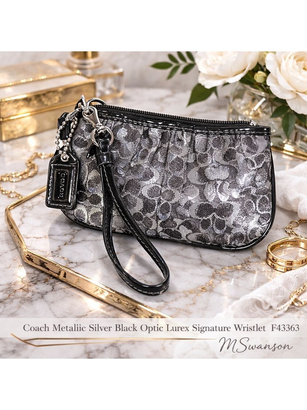 Coach Metallic Silver Black Optic Lurex Signature Small Zipper Wristlet F43363